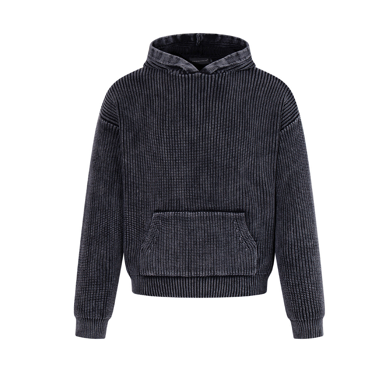 Washed Ribbed Knit Hoodie Sweater – Vintage Acid-Wash Oversized Pullover