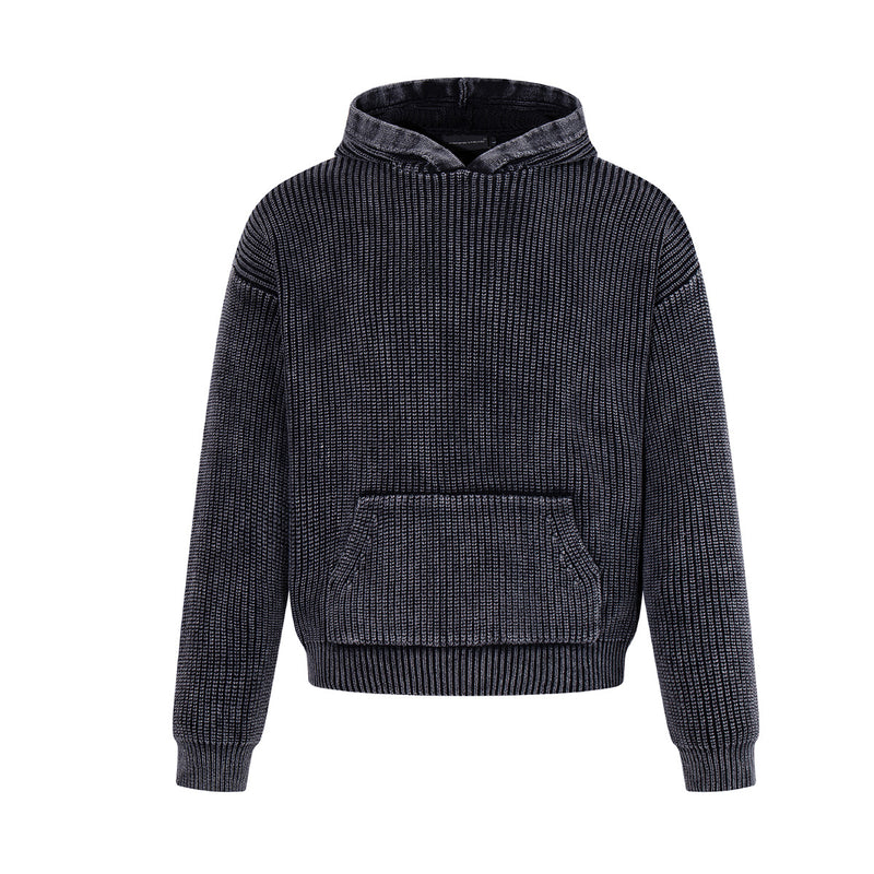 Washed Ribbed Knit Hoodie Sweater – Vintage Acid-Wash Oversized Pullover