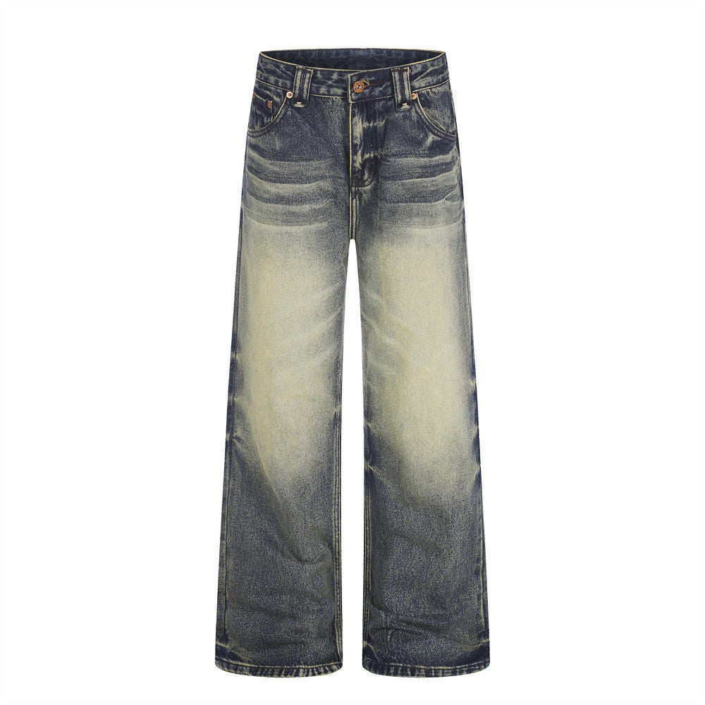 Herrenjeans mit weitem Bein in retroblauem Farbverlauf, Sand-Waschung und Used-Optik, Vorder- und Rückansicht