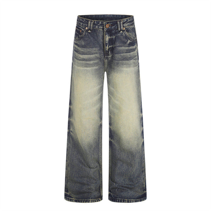 Herrenjeans mit weitem Bein in retroblauem Farbverlauf, Sand-Waschung und Used-Optik, Vorder- und Rückansicht