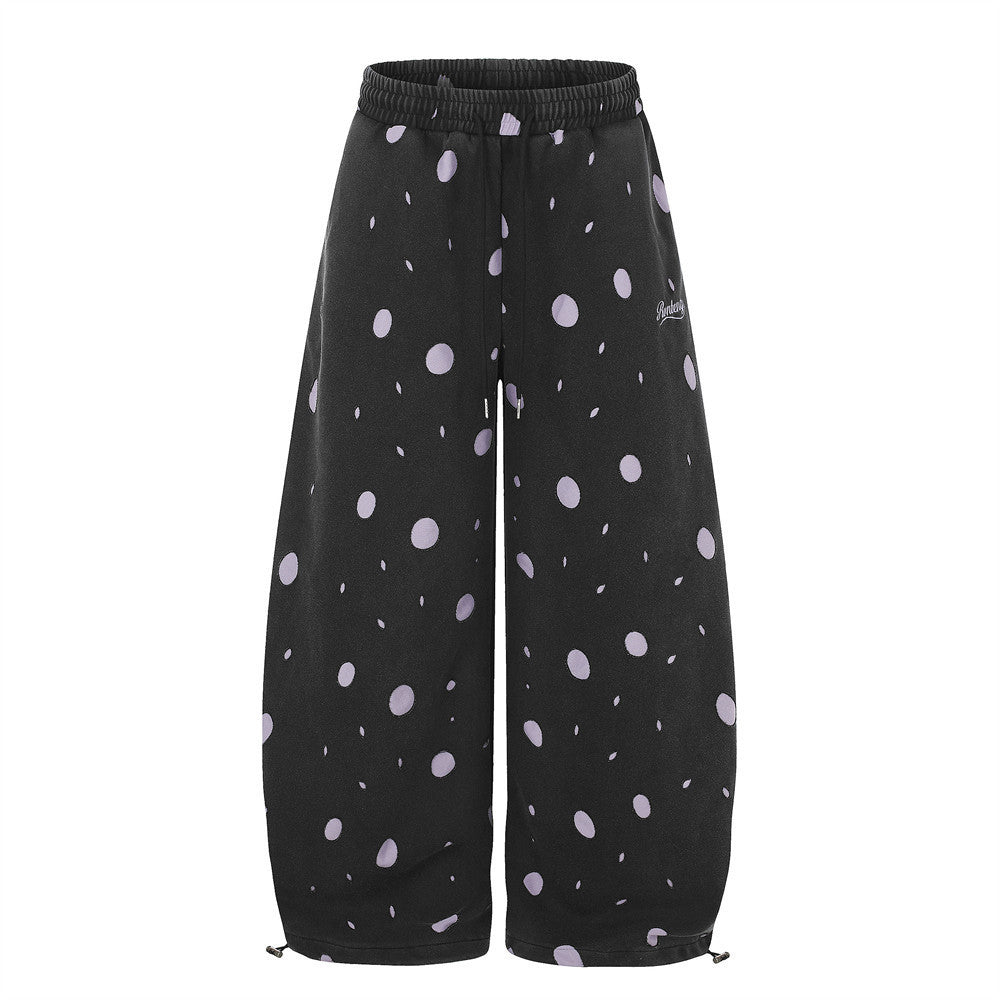 Wide-Leg Polka Dot Sweatpants – Black & Lavender All-Over Print