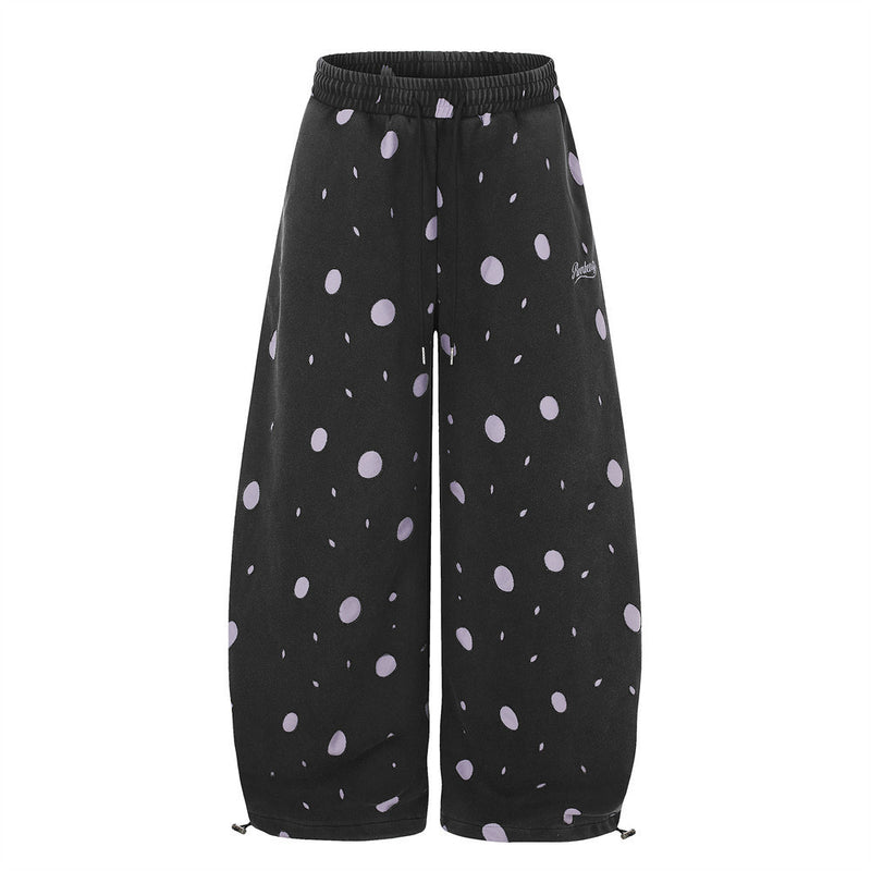 Wide-Leg Polka Dot Sweatpants – Black & Lavender All-Over Print