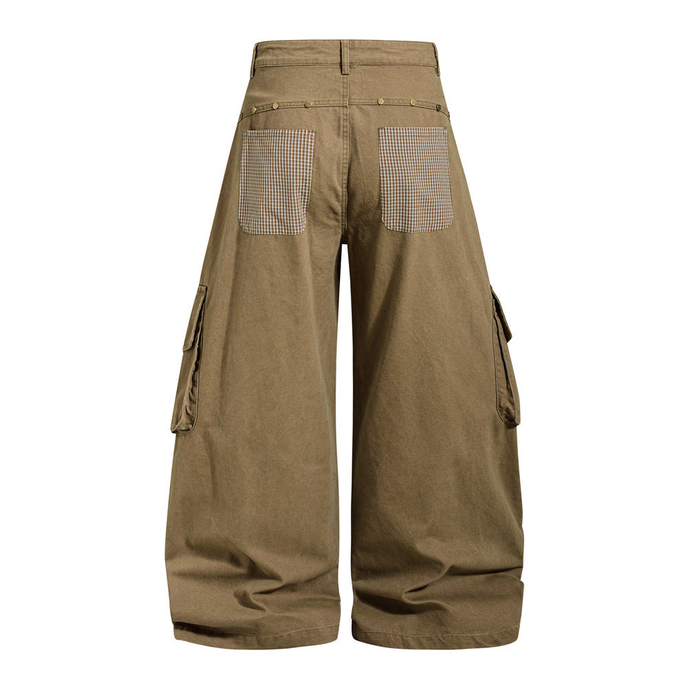 Wide-Leg Cargo Pants – Star Patch, Plaid Detail & Multi-Pocket Baggy Fit