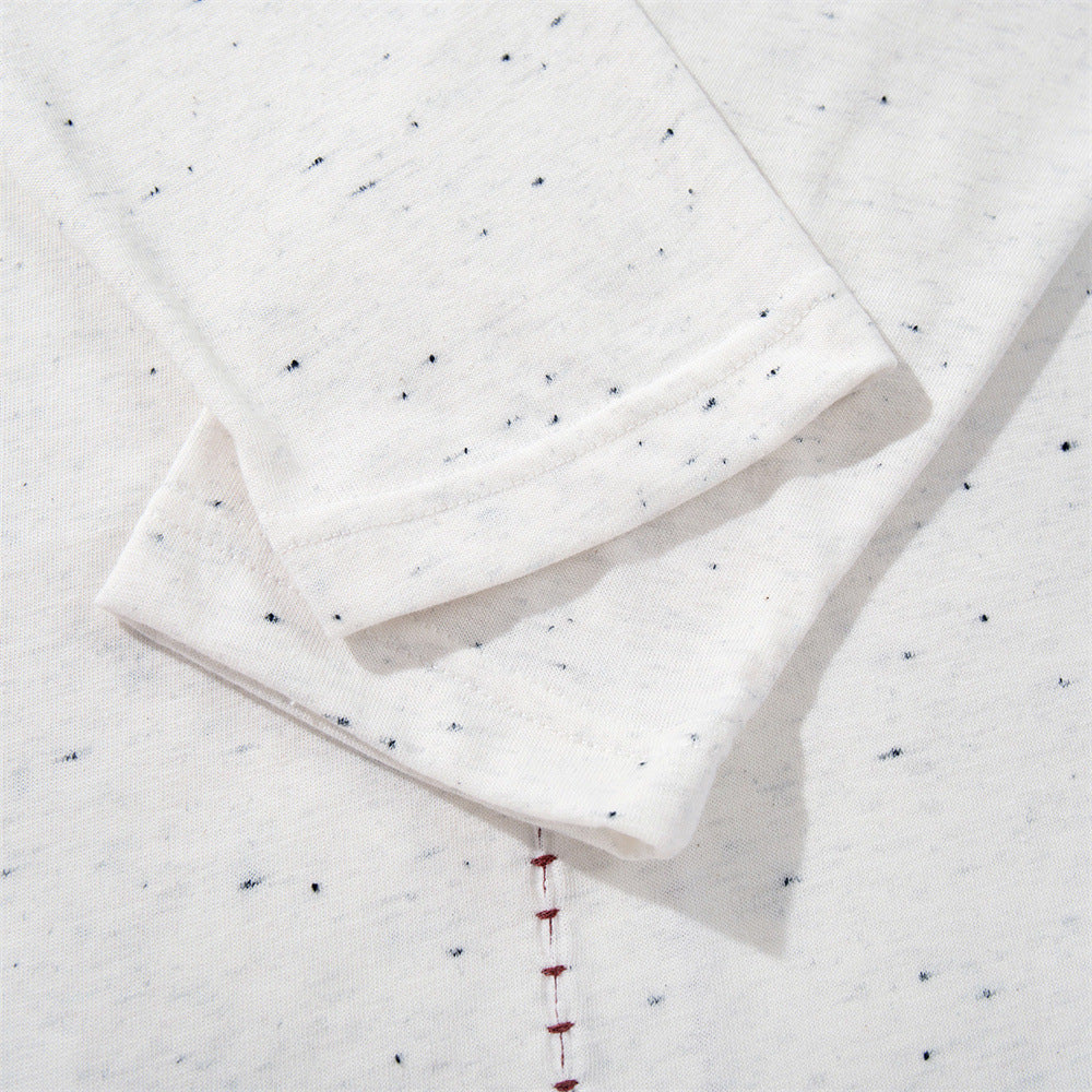 Speckled Long-Sleeve T-Shirt – Mock Neck Relaxed Fit with Center Seam Detail