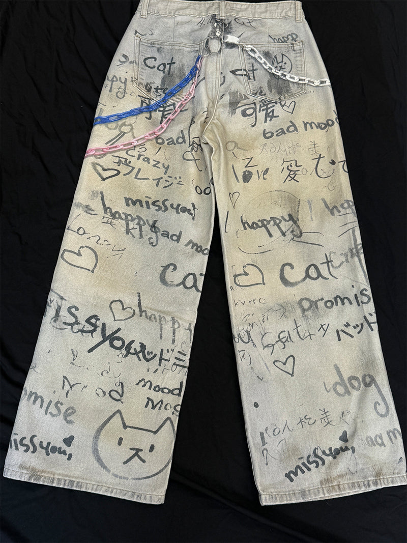 Wide-Leg-Jeans mit Graffiti-Print, Schlüsselanhänger-Anhängern und Deko-Ketten