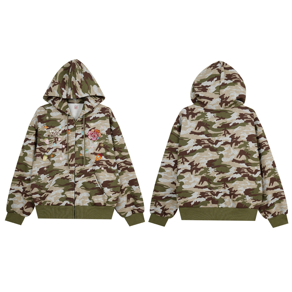 Sweat à capuche zippé camouflage avec broderies florales – Sweat-shirt streetwear oversize