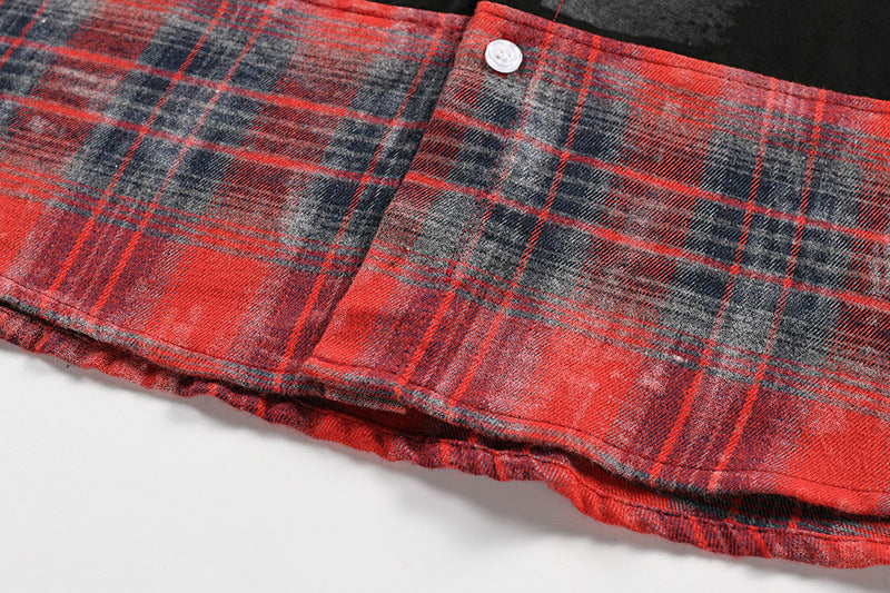 Long Sleeve Button Shirt – Plaid Patchwork Graphic Print Oversized Flannel