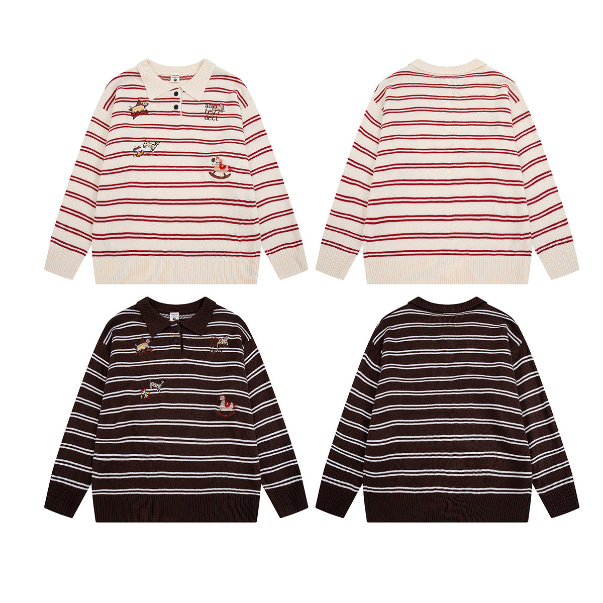 Striped Polo Knit Sweater with Cartoon Embroidery – Relaxed Unisex Pullover