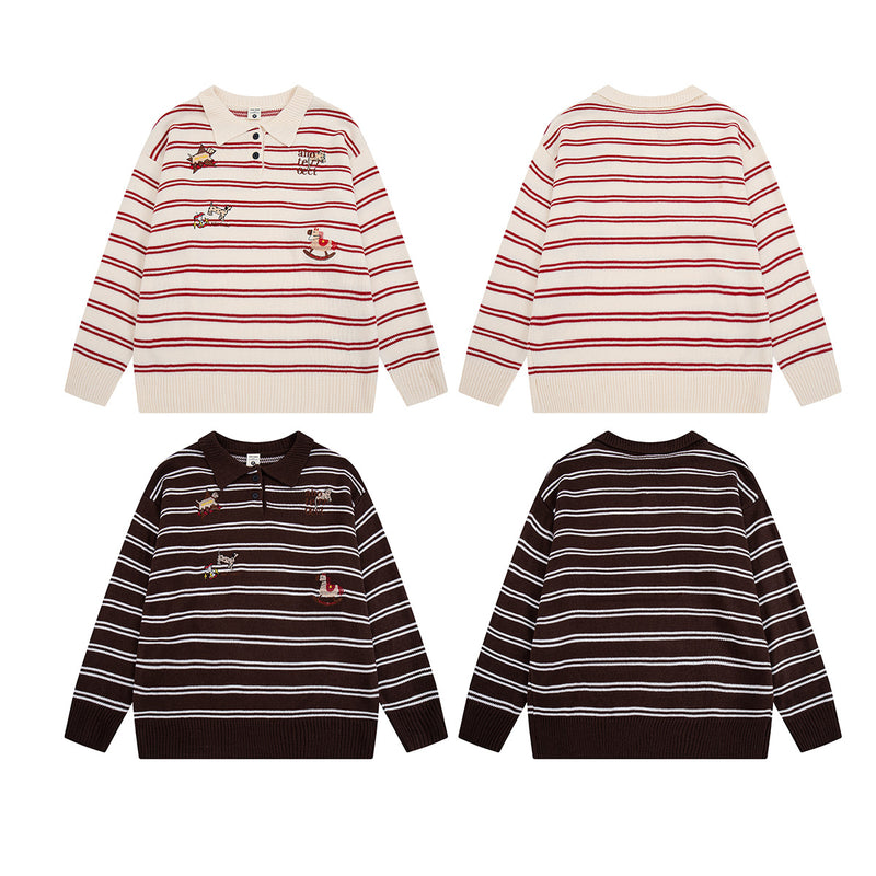 Striped Polo Knit Sweater with Cartoon Embroidery – Relaxed Unisex Pullover