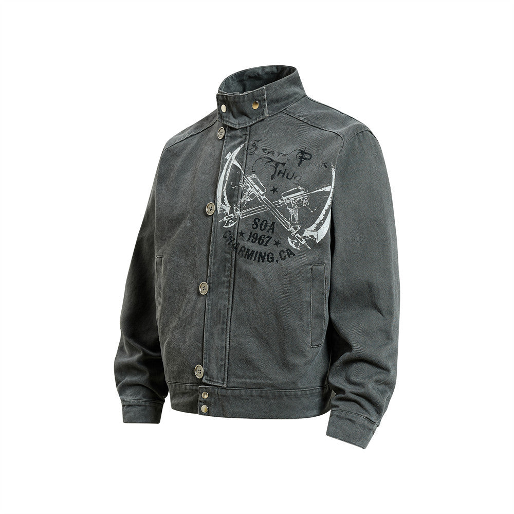 Men's Canvas Work Jacket – Vintage Punk Distressed Stand Collar with Scythe