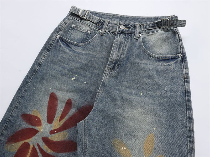 Men's Relaxed Fit Jeans with Floral Graffiti Print – Wide Leg Straight Denim