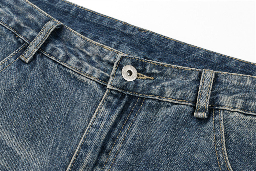 Men's Baggy Denim Shorts with Star Patch Detail, Washed Wide-Leg Five-Point Cut