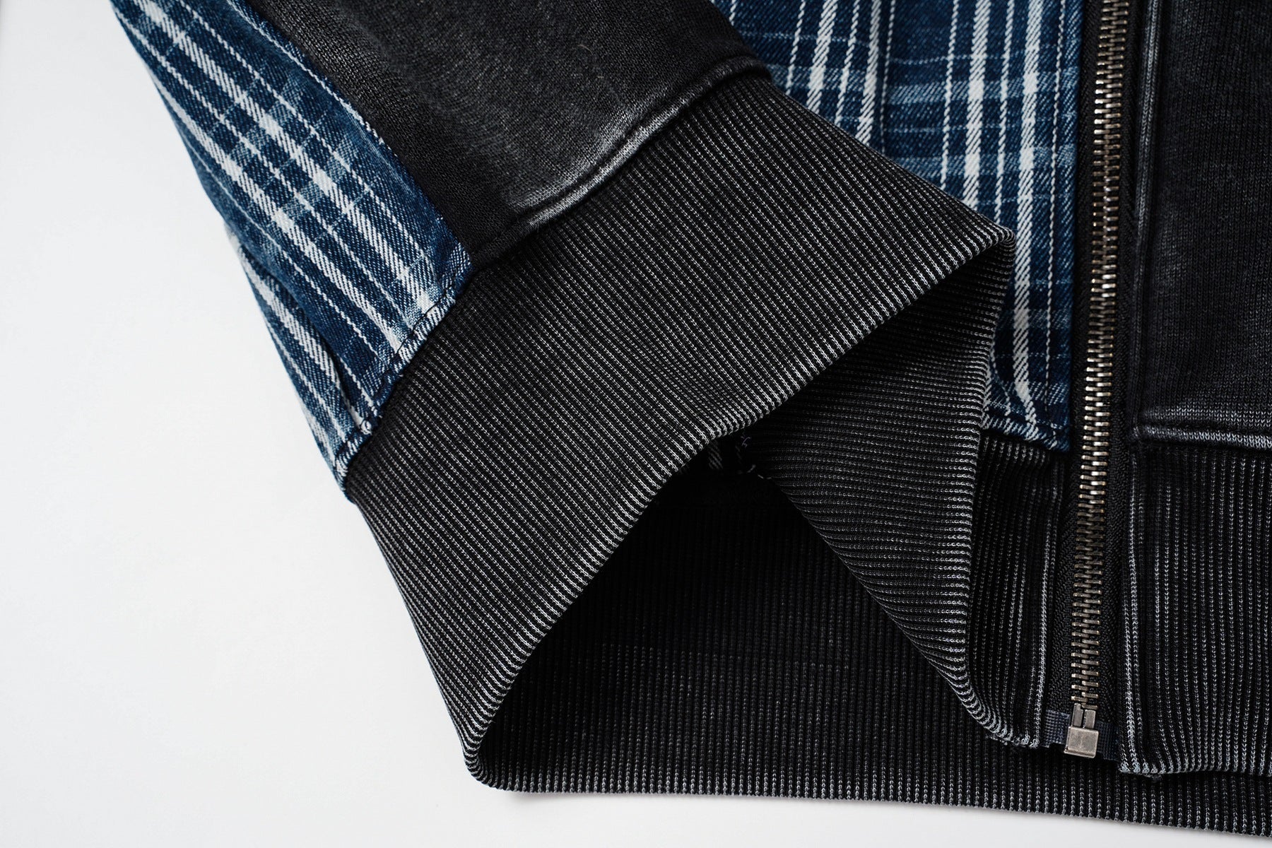 Sudadera con capucha y cremallera de patchwork de cuadros — Chaqueta extragrande de felpa y franela lavadas