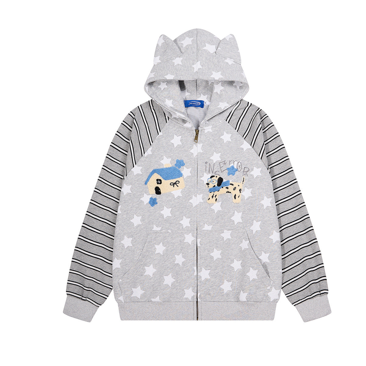 Sweat à capuche zippé gris imprimé étoiles, capuche à oreilles de chat, manches raglan rayées noires et grises et motifs brodés en chenille de chien et de maison