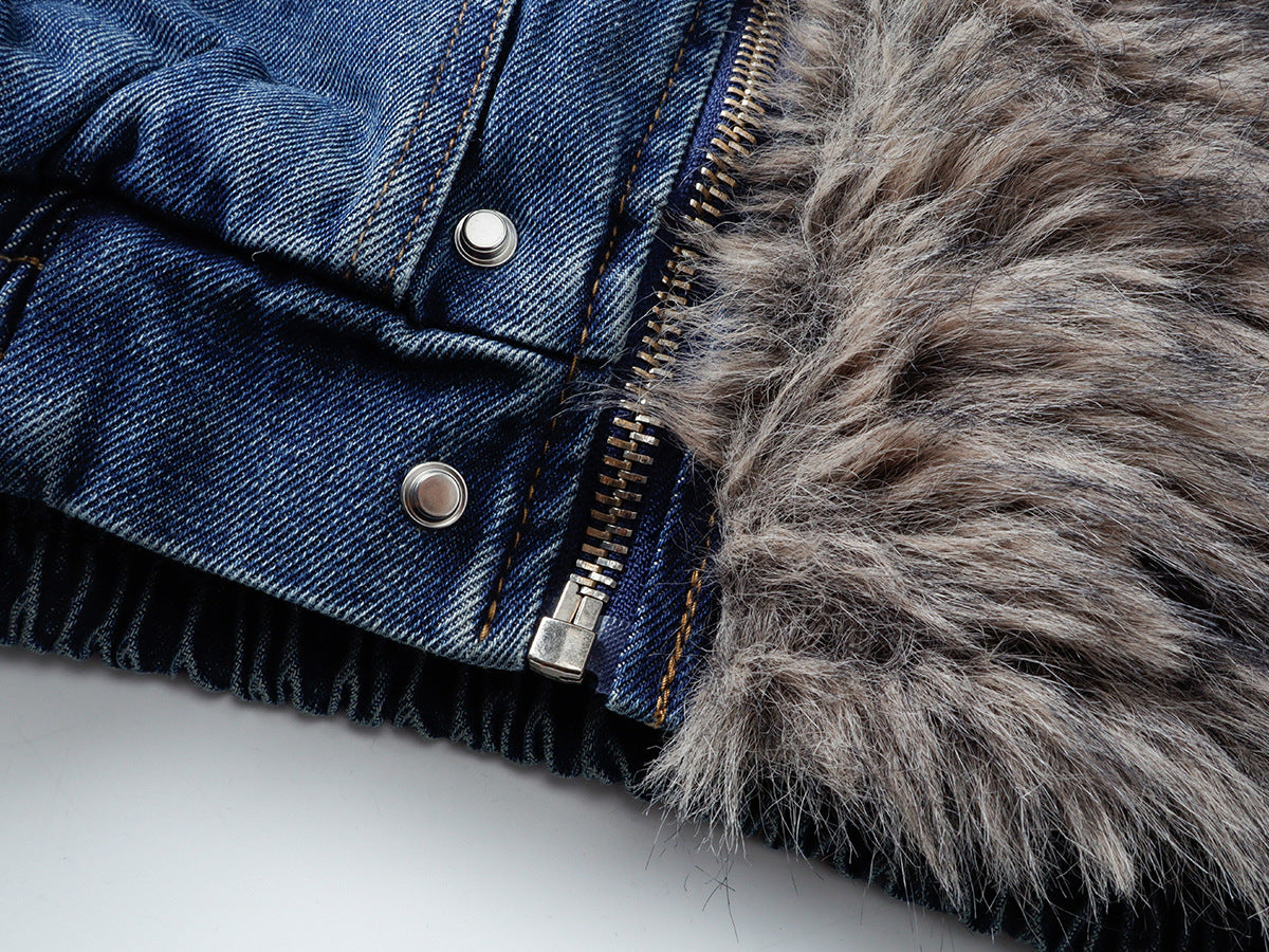 Fur-Lined Denim Jacket – Men's Winter Bomber with Faux Fur Collar & Quilted