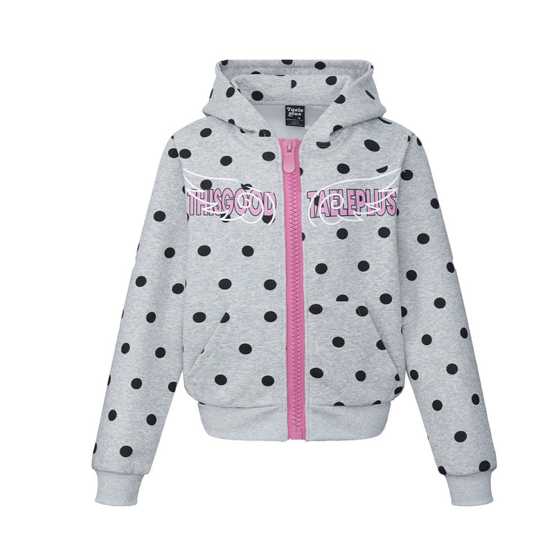 Sweat à capuche zippé gris chiné à pois, avec fermeture éclair rose et motif ailes d’ange sur la poitrine, vue de face