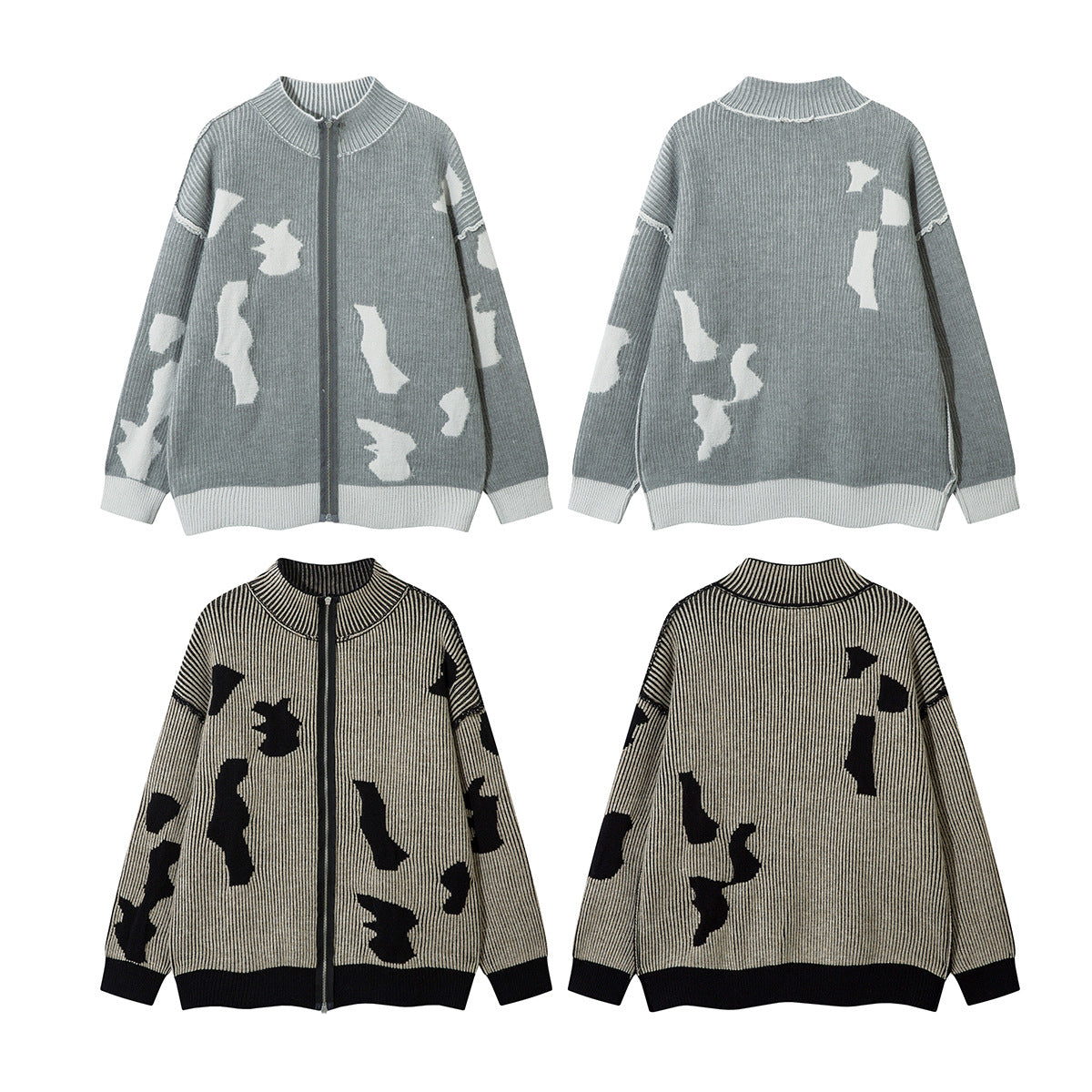 Distressed Knit Zip-Up Cardigan Jacket – Reversible Ribbed Sweater Coat