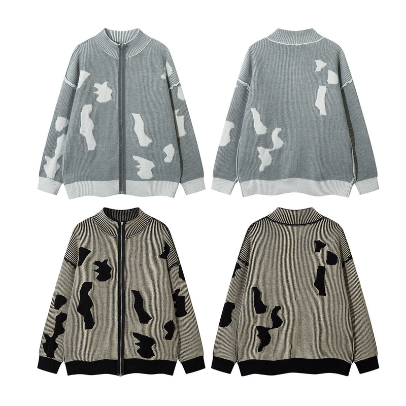 Distressed Knit Zip-Up Cardigan Jacket – Reversible Ribbed Sweater Coat
