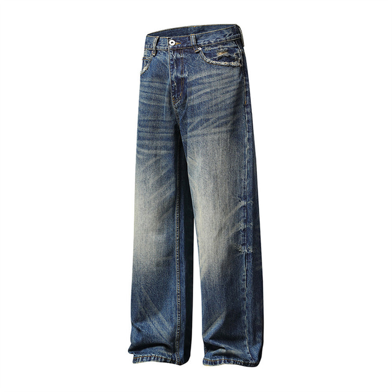 Wide-Leg Distressed Baggy Jeans – Men's Washed Vintage Straight-Cut Denim