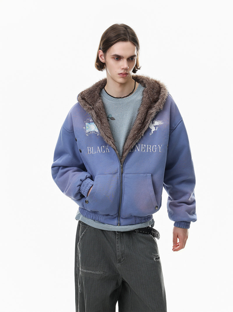 Black Energy Faux Fur-Lined Hooded Bomber Jacket – Washed Fleece Winter Coat
