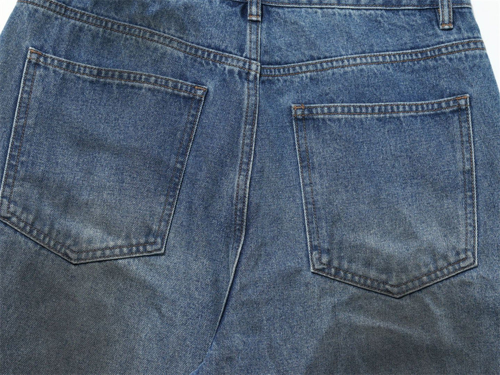 Straight Leg Jeans Mens Wide-Leg Punk Washed Denim with Rivet Pocket Detail