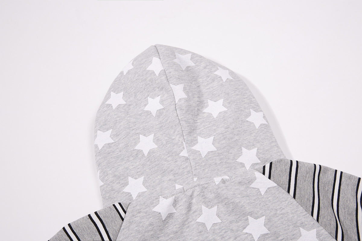Sweat zippé à oreilles de chat – Corps à imprimé étoiles, manches raglan rayées et broderie