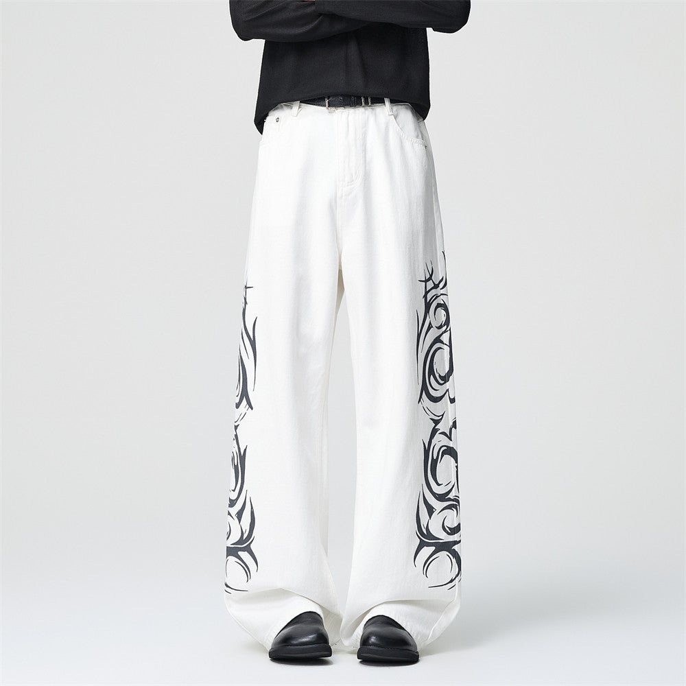 Tribal Print Wide-Leg Jeans – Men's Streetwear Straight Baggy Pants