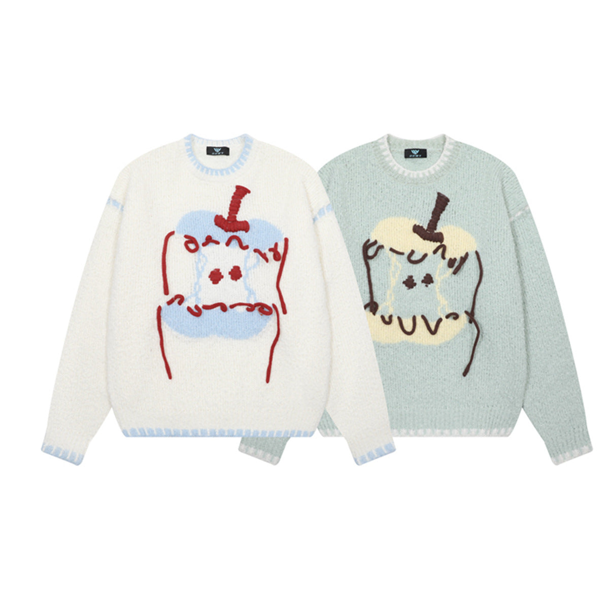 Cartoon Jacquard Crewneck Knit Sweater with Fringe Detail