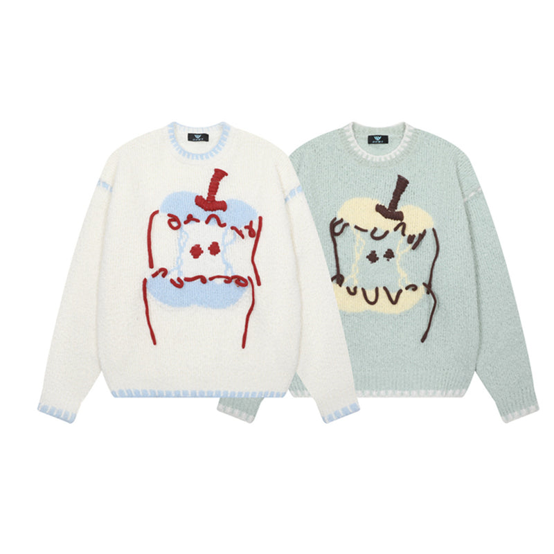 Cartoon Jacquard Crewneck Knit Sweater with Fringe Detail