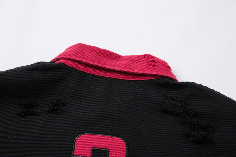Polo rugby à manches longues colorblock effet deux pièces, délavé et brodé