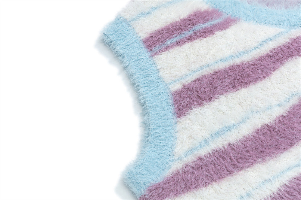 Gilet pull rayé col V – Pull sans manches en maille duveteuse