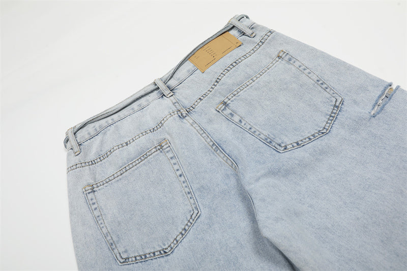 Wide-Leg Distressed Jeans – Light Blue Acid-Washed Straight-Cut Denim with