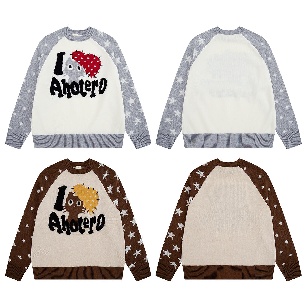 Pull marron à col rond – Maille color-block chats cartoon et étoiles