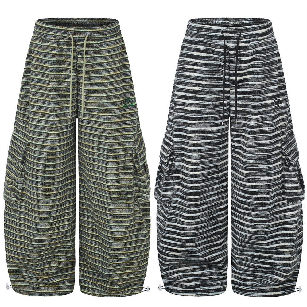 Wide-Leg Striped Cargo Pants – Relaxed Fit Multi-Pocket Streetwear Trousers