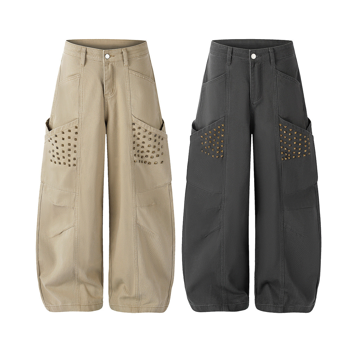 Studded Wide-Leg Cargo Pants with Oversized Pockets