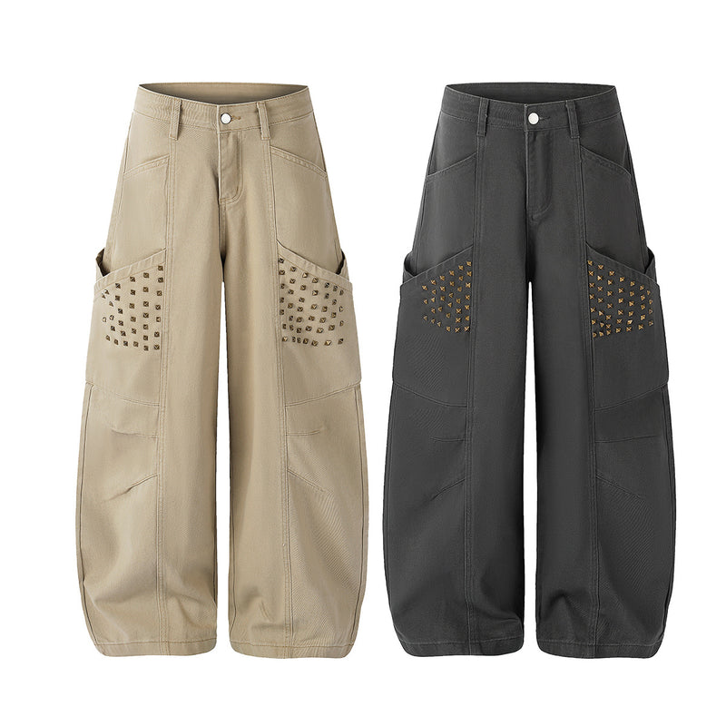 Studded Wide-Leg Cargo Pants with Oversized Pockets