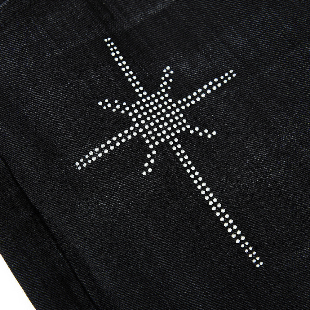 Wide-Leg Jeans Men – Washed Denim, Rhinestone Cross & Paint Splatter Detail