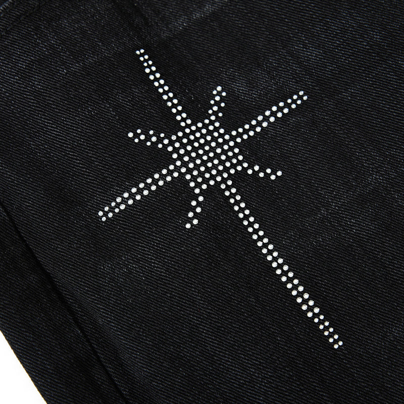 Wide-Leg Jeans Men – Washed Denim, Rhinestone Cross & Paint Splatter Detail