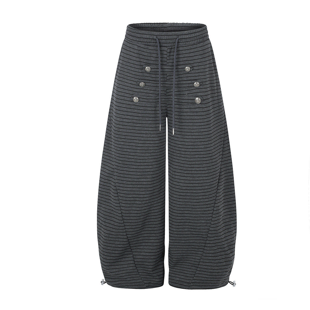 Wide-leg striped sweatpants with double-button detail and drawstring waist in dark grey, front view