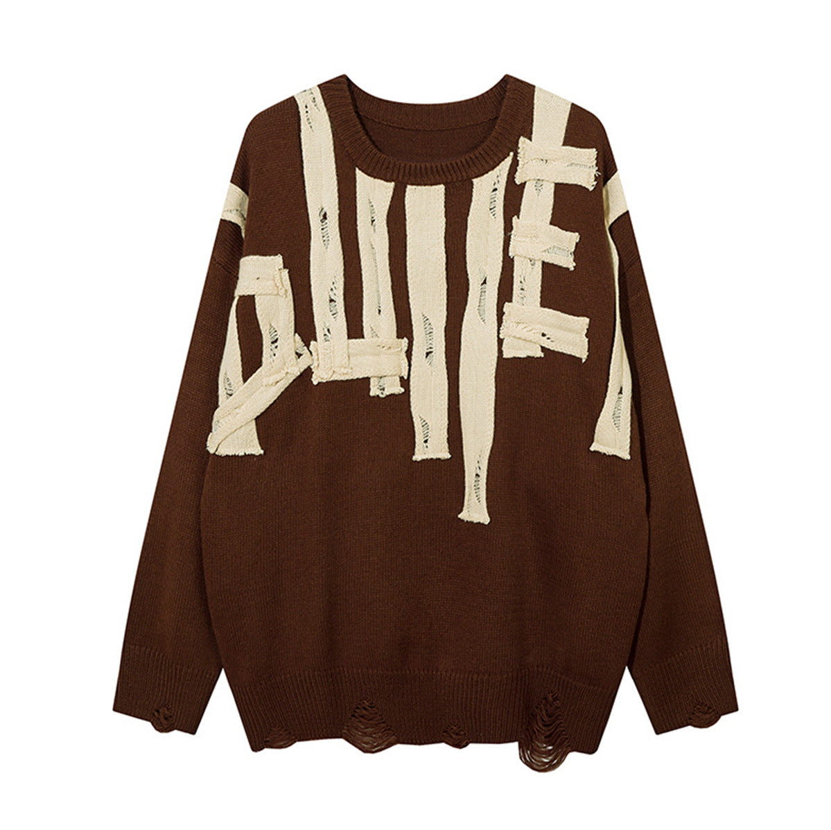 Oversized distressed crewneck knit sweater with cream letter appliqués in chocolate brown, pink, and black colorways