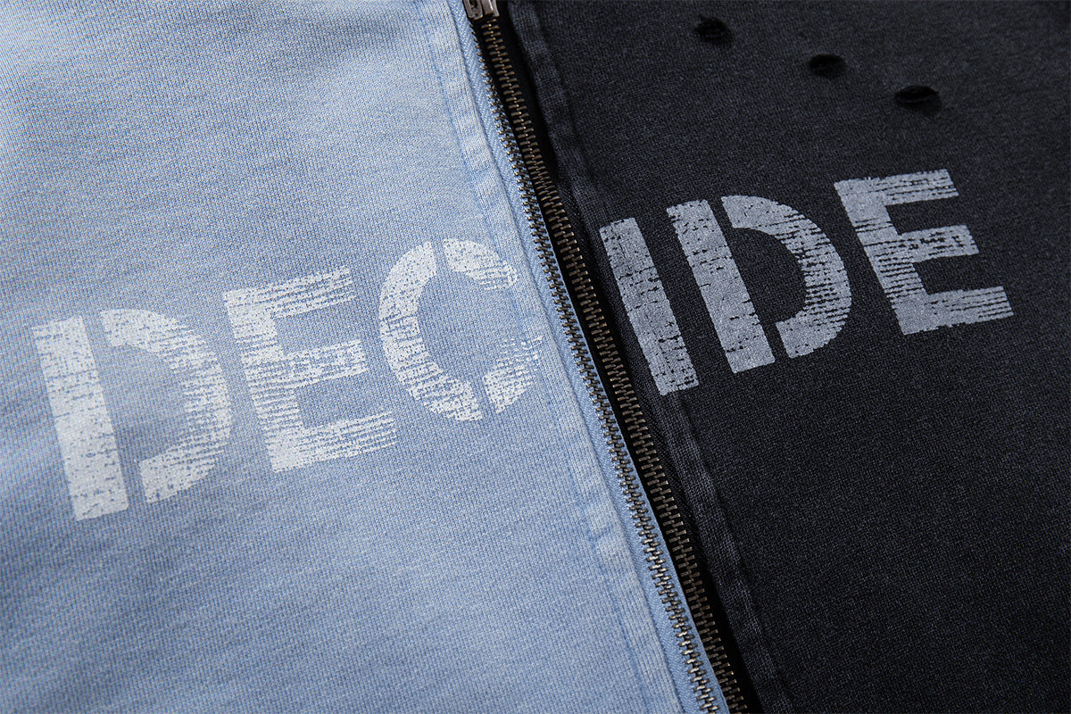 Oversize Zip Up Hoodie Vintage Acid-Washed Distressed Decide Graphic Full-Zip