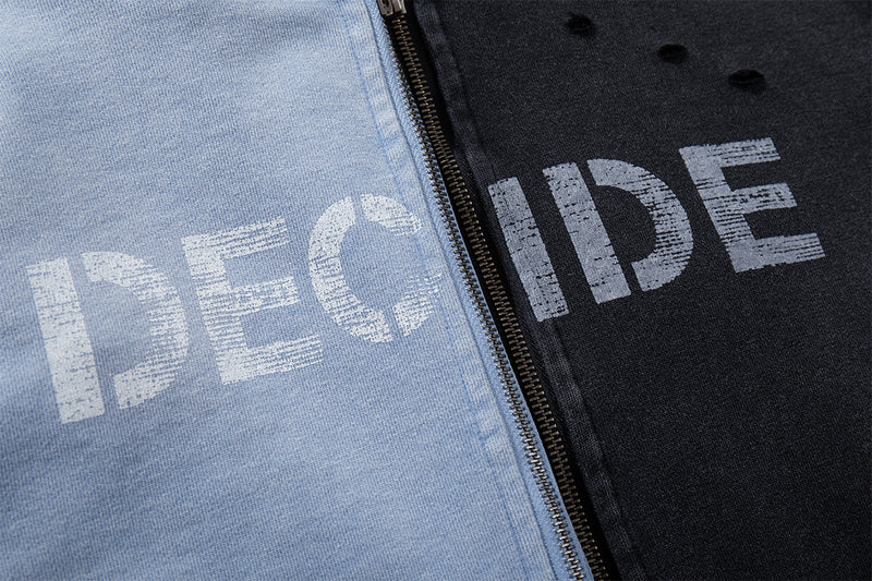 Oversize Zip Up Hoodie Vintage Acid-Washed Distressed Decide Graphic Full-Zip