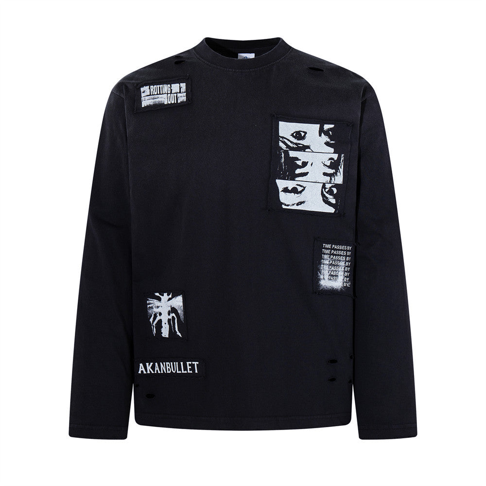 Longsleeve mit dunklen Grafik-Patches – Verwaschenes Oversized-Shirt aus Baumwolle