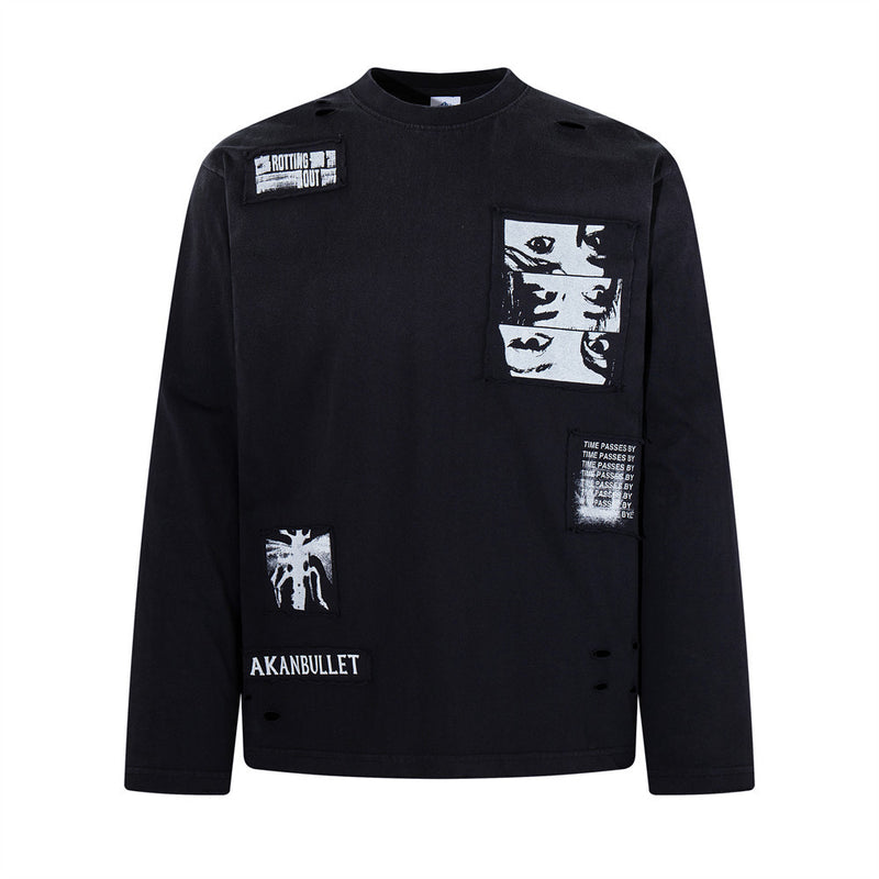 Longsleeve mit dunklen Grafik-Patches – Verwaschenes Oversized-Shirt aus Baumwolle
