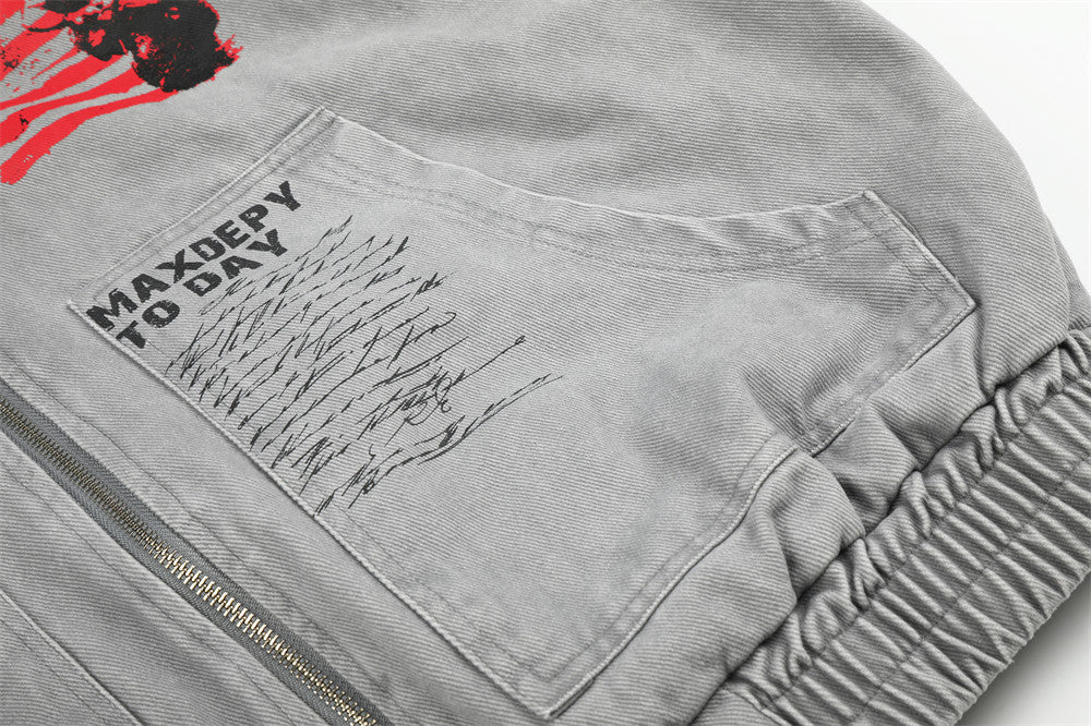Herren Bomberjacke aus grauem Canvas im Workwear-Stil mit Grafikprints