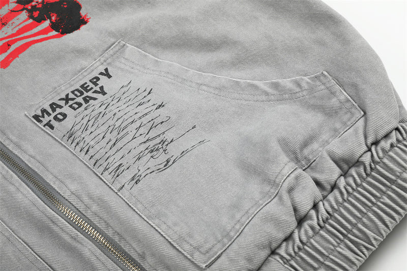 Herren Bomberjacke aus grauem Canvas im Workwear-Stil mit Grafikprints