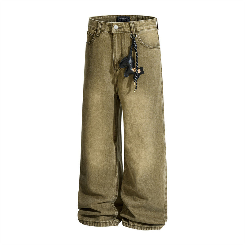 Men's Vintage Washed Wide-Leg Jeans – Relaxed Straight Fit with Horse Charm