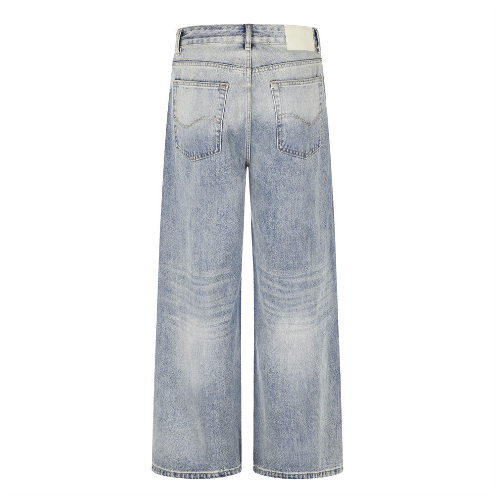 Wide-Leg Distressed Jeans – Men's Light Wash Ripped Straight-Fit Denim