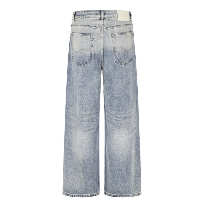 Wide-Leg Distressed Jeans – Men's Light Wash Ripped Straight-Fit Denim