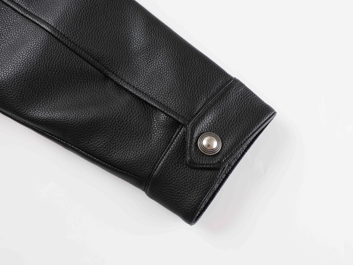 Black Leather Bomber Jacket with Fur Collar & Multi-Pocket Design